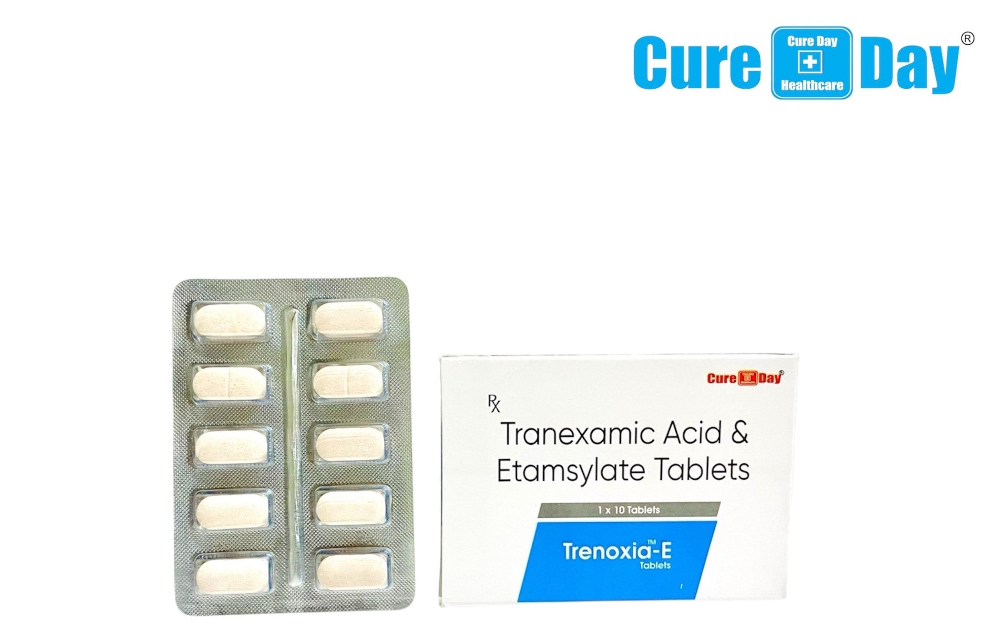 Cure Day Healthcare packaging of Tranexamic Acid & Etamsylate Tablets with blister pack and box on a white background.