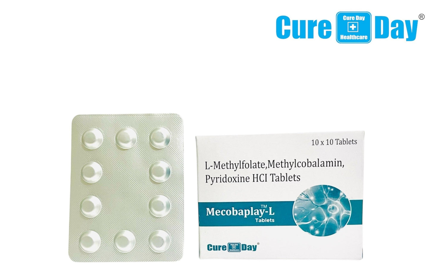 Cure Day Healthcare packaging of Mecobaplay-L tablets with a box and blister pack on a white background.