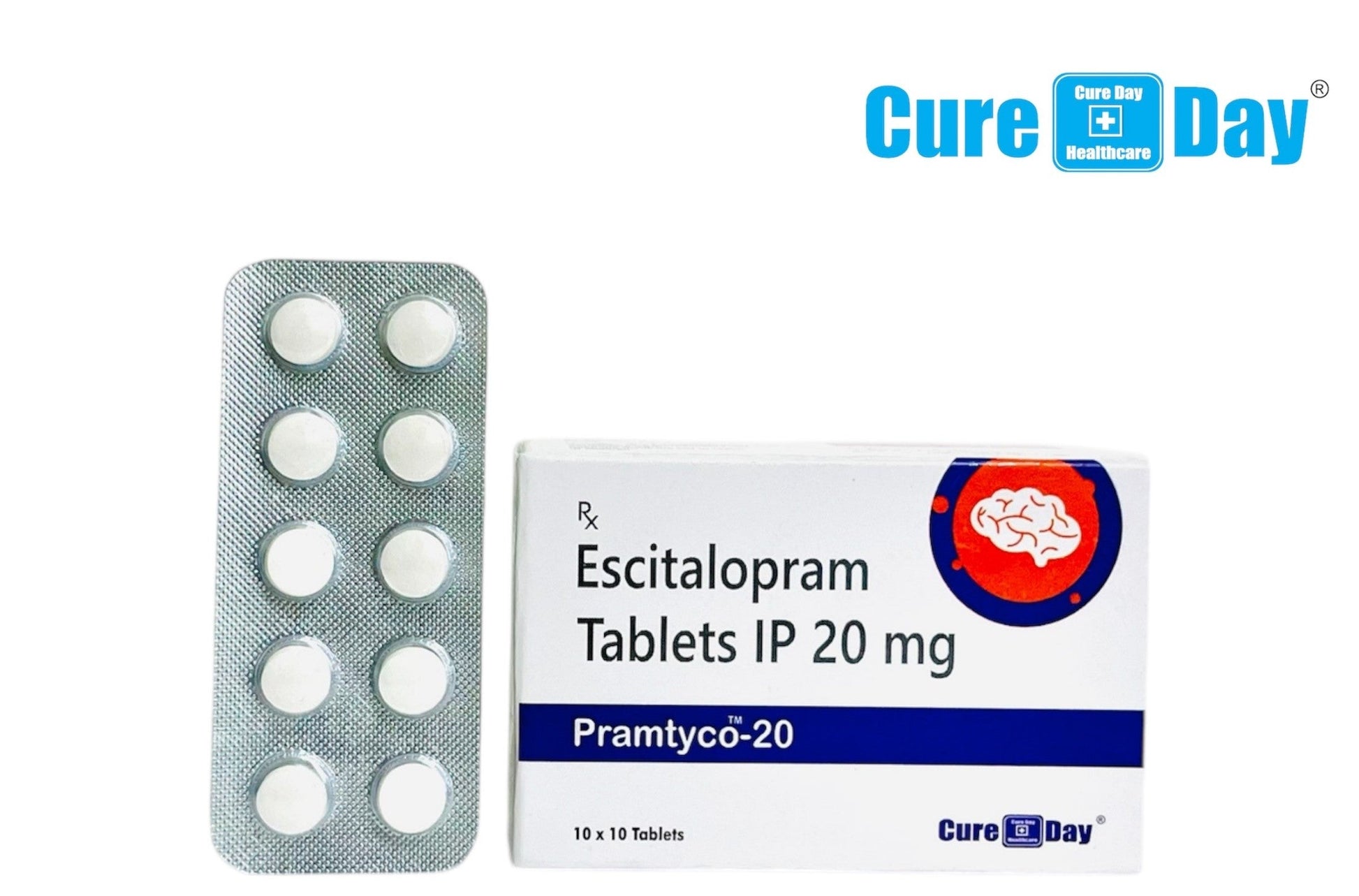 Escitalopram tablets and packaging with Cure Day Healthcare branding on a white background