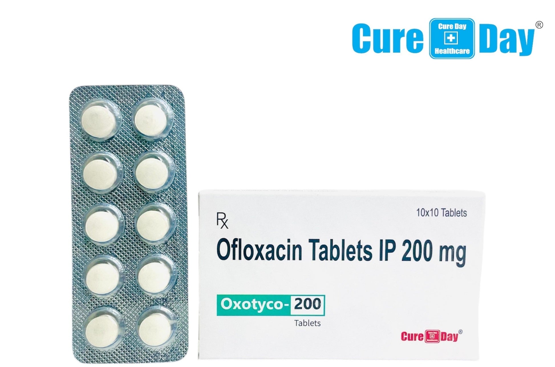 Ofloxacin Tablets IP 200 mg packaging with Cure Day Healthcare branding on a white background.