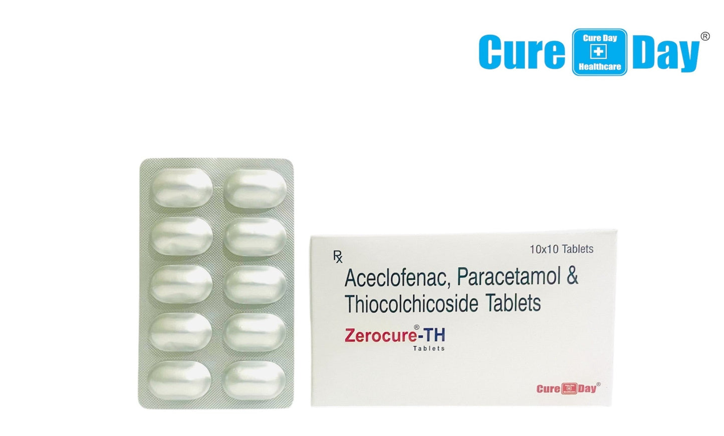 Packaging of Aceclofenac, Paracetamol & Thiocolchicoside Tablets with Cure Day Healthcare branding.