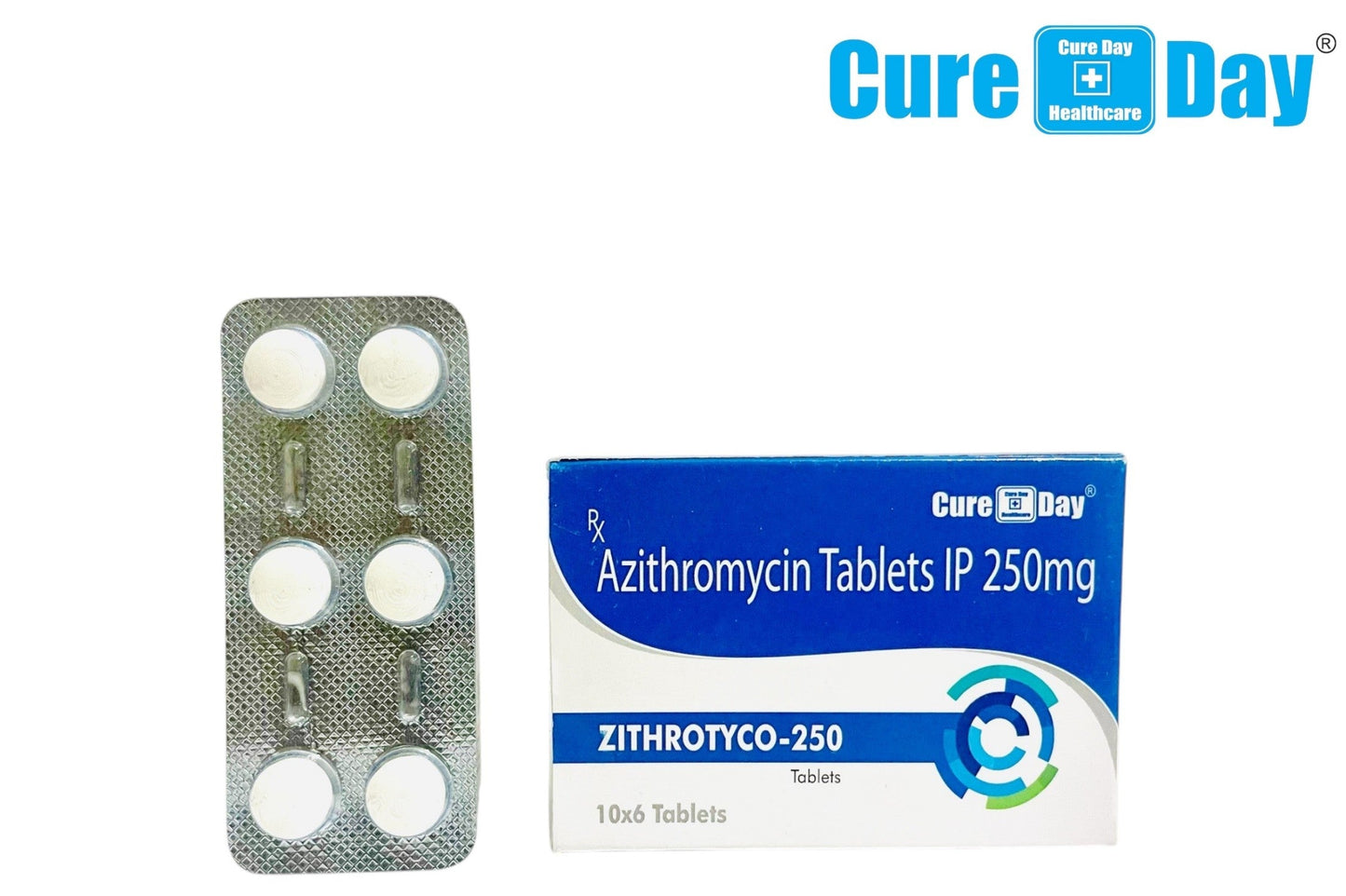 Cure Day Healthcare Azithromycin Tablets packaging with blister pack on a white background