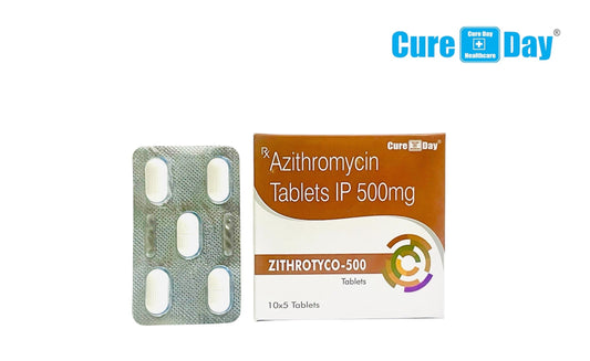 Azithromycin tablets and packaging with Cure Day Healthcare logo on a white background