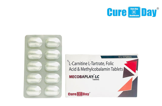 Cure Day Healthcare packaging of MECOBAPLAY-LC tablets with a blister pack and box on a white background.
