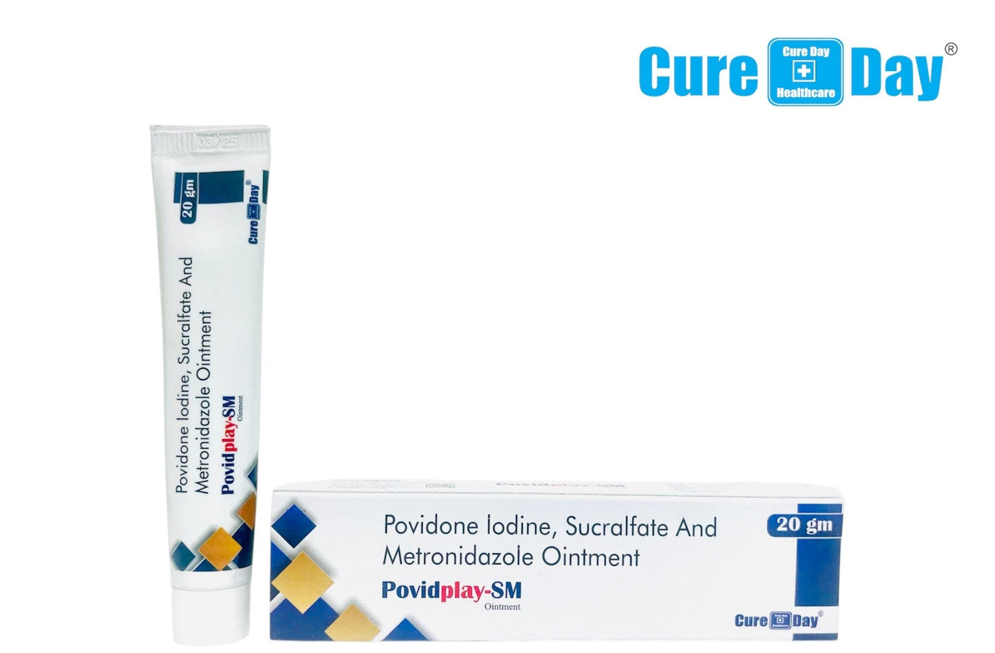 Povidone Iodine, Sucralfate and Metronidazole Ointment packaging with Cure Day Healthcare branding on a white background.