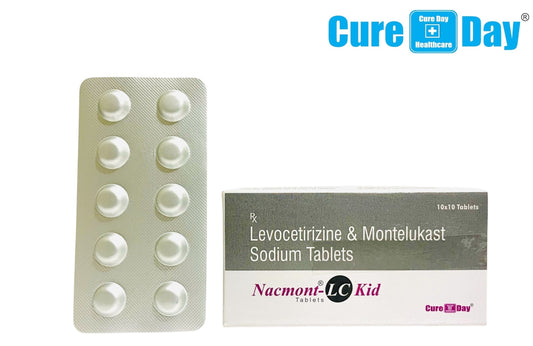 Packaging of Nacmont-LC Kid tablets with Cure Day Healthcare branding on a white background.