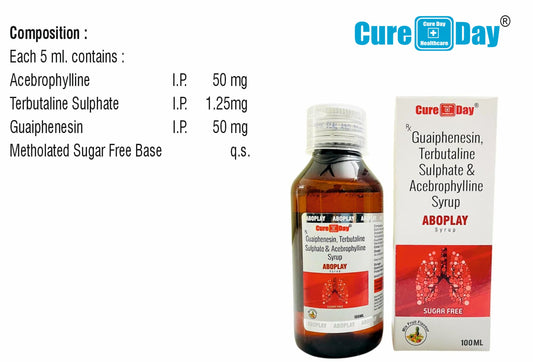 Cure Day Healthcare ABOPLAY syrup bottle and box, Guaiphenesin Terbutaline Acebrophylline, India pharma