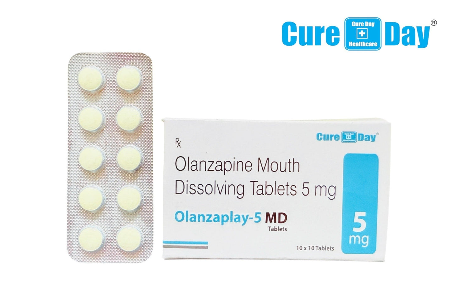 Olanzapine mouth dissolving tablets packaging with 'Cure Day Healthcare' branding on a white background.