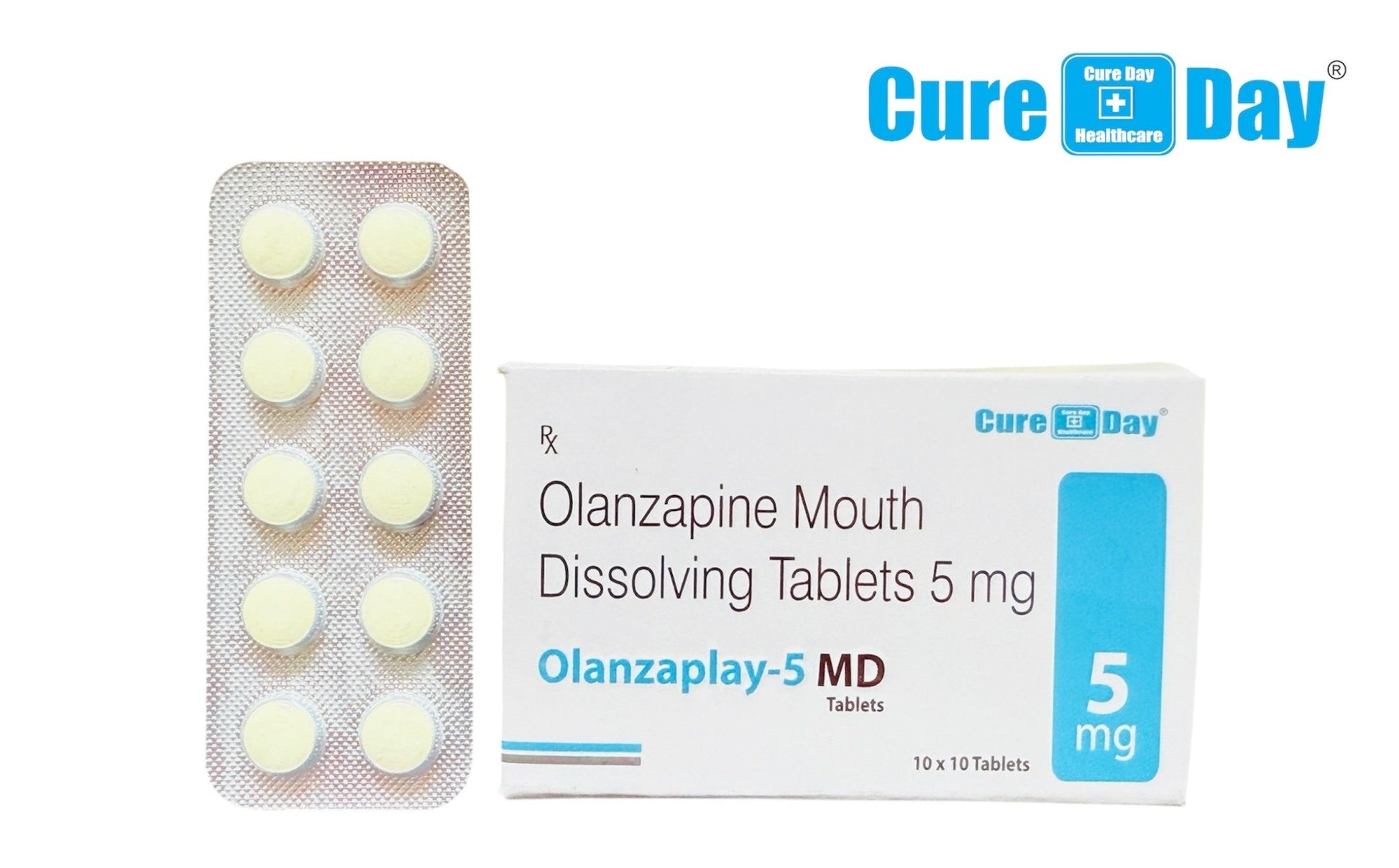 Olanzapine mouth dissolving tablets packaging with 'Cure Day Healthcare' branding on a white background.