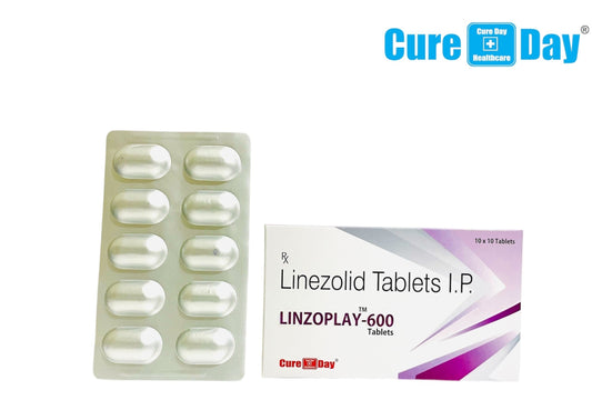 Packaging of Linezolid Tablets I.P. with Cure Day Healthcare branding on a white background.
