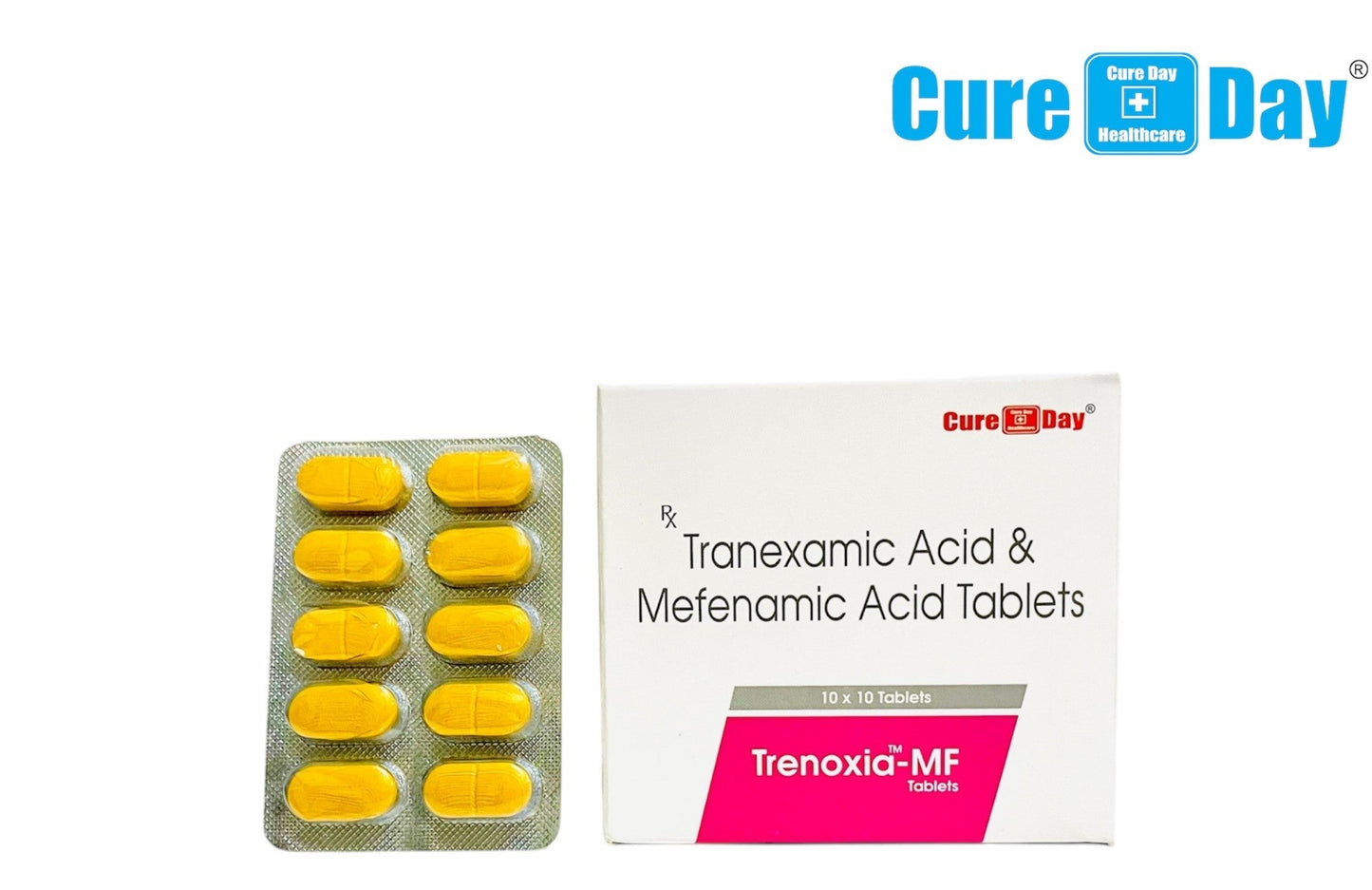 Yellow tablets in a packaging with 'Cure Day Healthcare' branding on a white background.