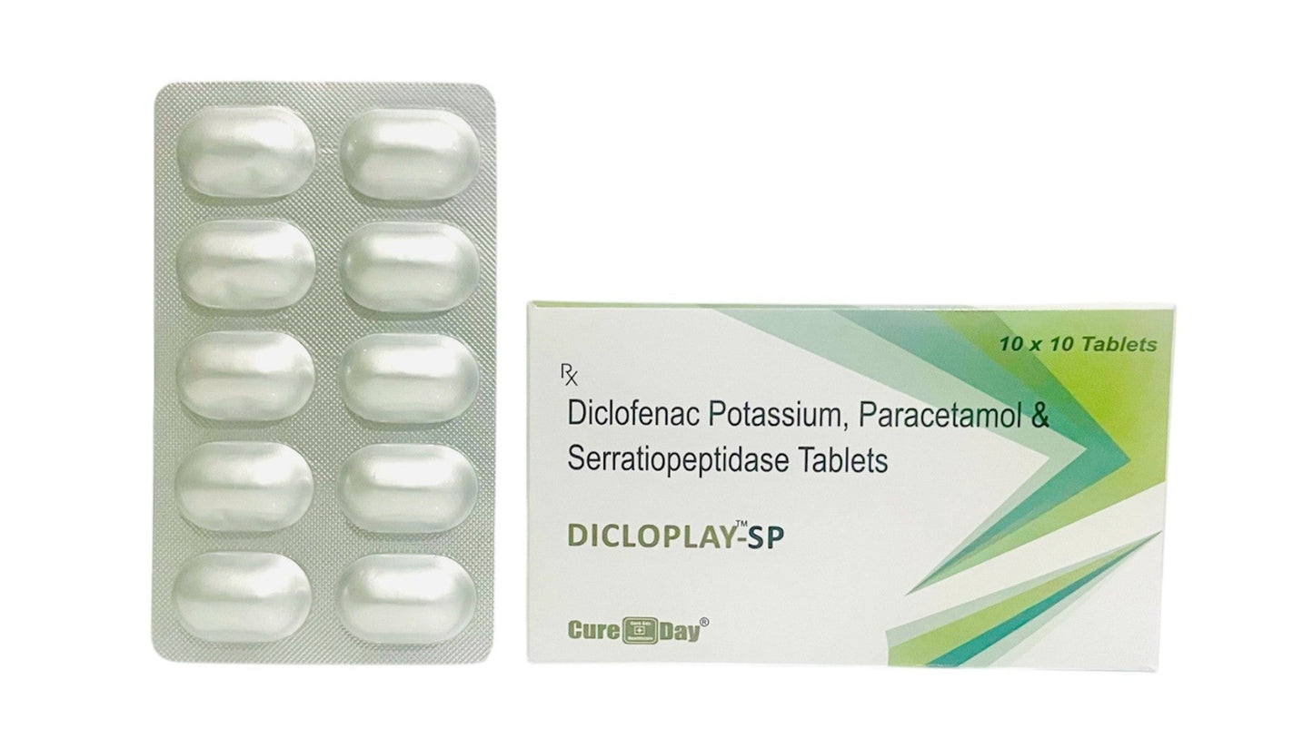 Blister pack of tablets and packaging with 'Cure Day Healthcare' branding on a white background.
