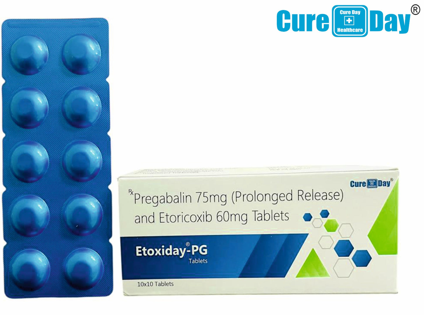 Blue blister pack and packaging of Etoxiday-PG tablets with Cure Day Healthcare logo on a white background.
