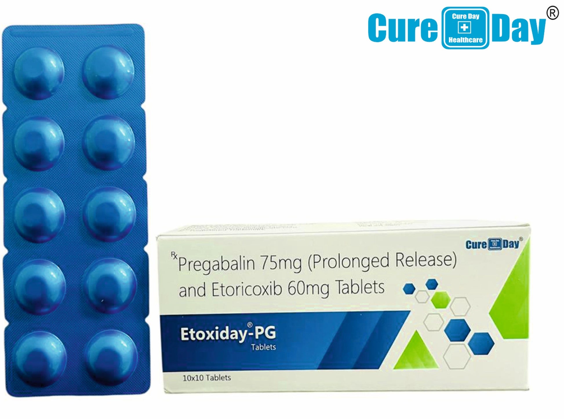 Blue blister pack and packaging of Etoxiday-PG tablets with Cure Day Healthcare logo on a white background.