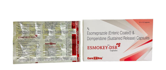 Cure Day Healthcare packaging of Esmokey DSR capsules with price and GST information on a white background.