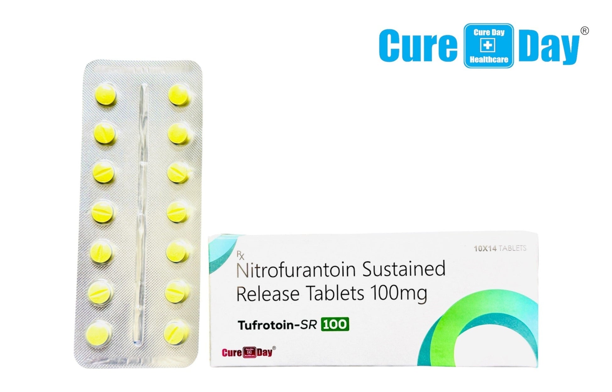 Nitrofurantoin sustained release tablets packaging with Cure Day Healthcare branding.