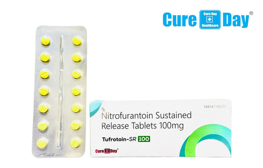 Nitrofurantoin sustained release tablets packaging with Cure Day Healthcare branding.