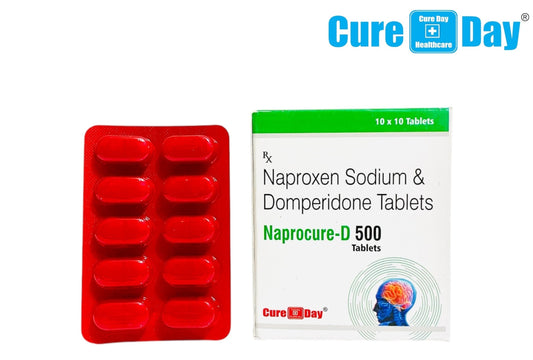Cure Day Healthcare Naprocurc-D 500 tablets packaging with red tablet container on a white background