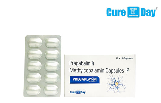 Cure Day Healthcare packaging of Pregabalin & Methylcobalamin Capsules IP with tablets on a white background.