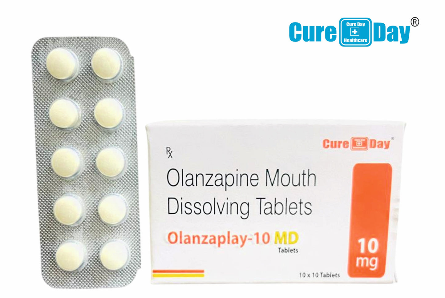 Olanzapine mouth dissolving tablets packaging with 'Cure Day' branding on a white background.