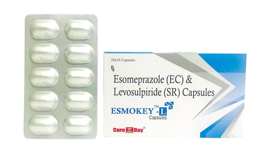 Packaging of Esomeprazole (EC) & Levosulpiride (SR) Capsules with Cure Day Healthcare branding on a white background.