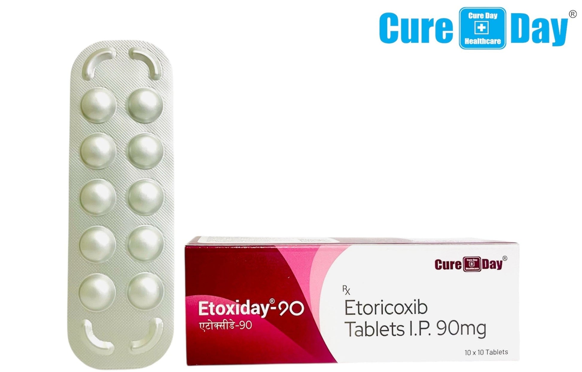 Etoxiday-90 tablets and packaging with Cure Day Healthcare branding on a white background.