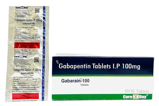 Gabapentin tablets packaging with 'Cure Day Healthcare' branding on a white background