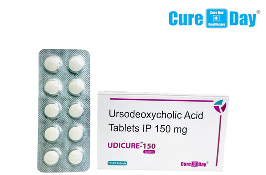 Packaging of Ursodeoxycholic Acid Tablets IP 150 mg with Cure Day Healthcare branding.