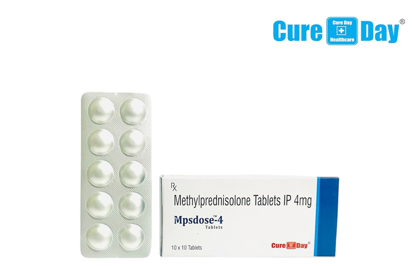 Methylprednisolone tablets with packaging and Cure Day Healthcare logo on a white background