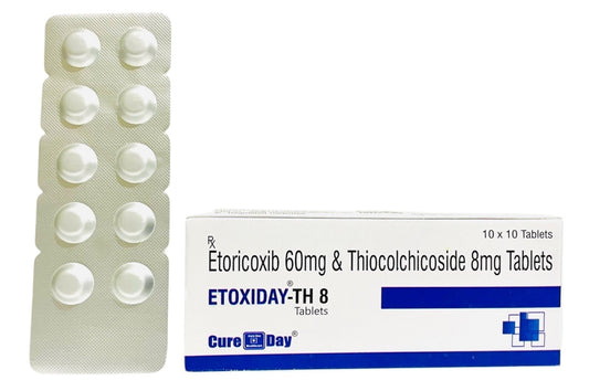 Packaging of Etoxiday TH 8 tablets with Cure Day Healthcare branding on a white background.