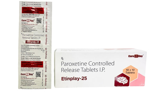 Cure Day Healthcare packaging of Paroxetine Controlled Release Tablets with pricing and GST information.