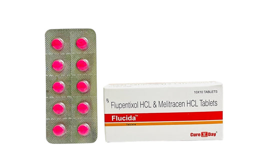 Flucida tablets and packaging with Cure Day Healthcare branding on a white background