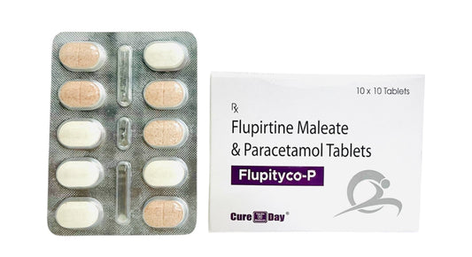 Cure Day Healthcare packaging of Flupityco-P tablets with blister pack and box on a white background.