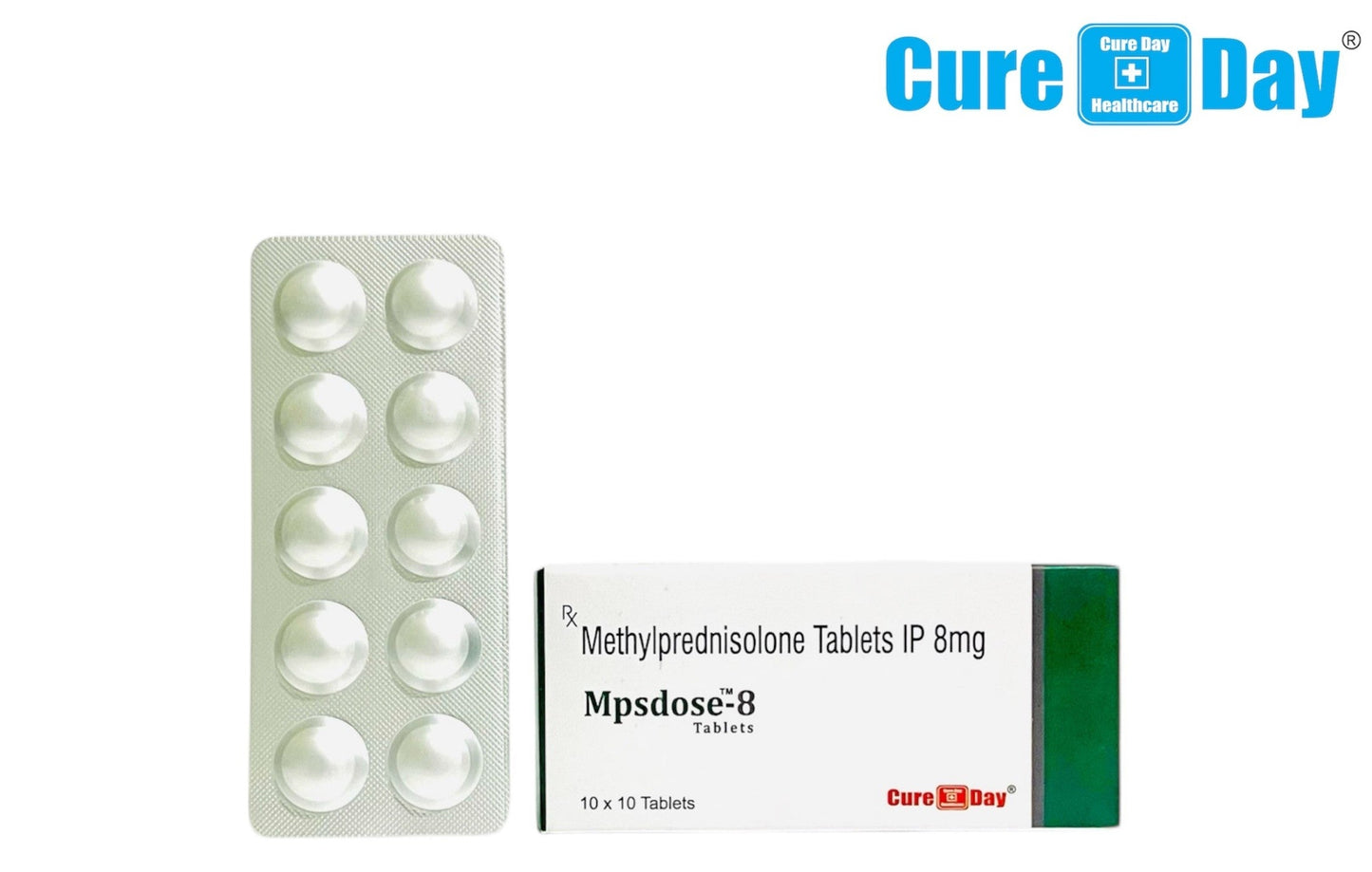 Methylprednisolone tablets in a packaging with Cure Day Healthcare logo on a white background