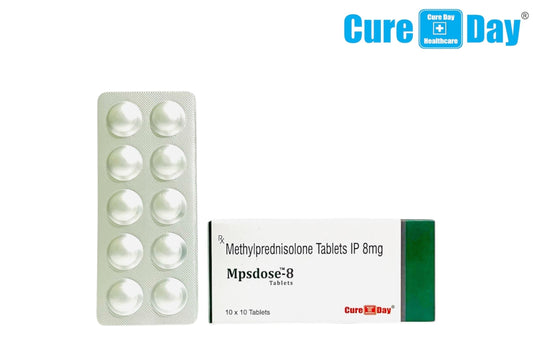 Methylprednisolone tablets in a packaging with Cure Day Healthcare logo on a white background