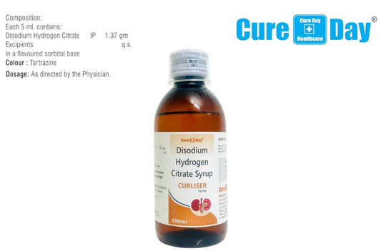Cure Day Healthcare Disodium Hydrogen Citrate Syrup bottle, 100ml, pharmaceutical product
