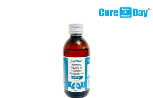 Bottle of medicine with a label on a white background, featuring Cure Day Healthcare logo.