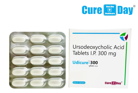 Ursodeoxycholic Acid Tablets I.P 300 mg packaging with Cure Day Healthcare logo on a white background