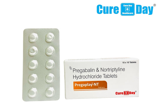 Pregabalin & Nortriptyline Hydrochloride Tablets packaging with Cure Day Healthcare branding.