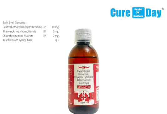 Drug syrup bottle with label and Cure Day Healthcare logo on a white background