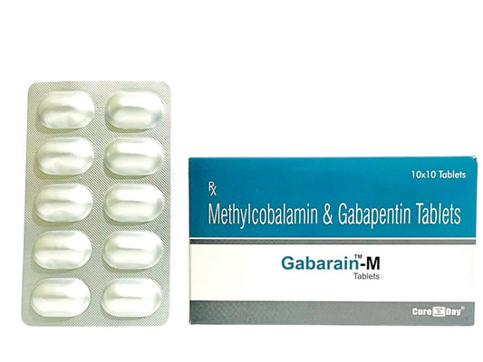 Cure Day Healthcare packaging of Methylcobalamin & Gabapentin Tablets with a price tag and GST information.