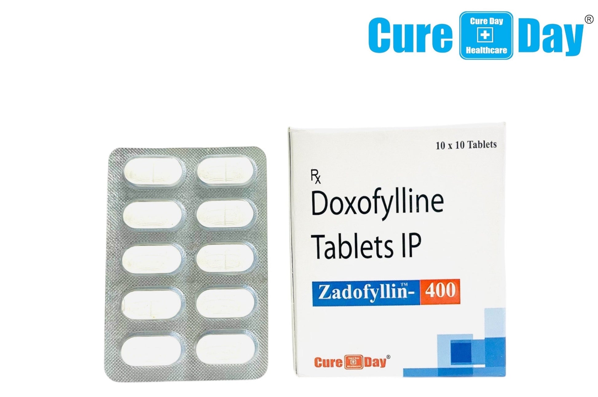 Doxofylline tablets and packaging with Cure Day Healthcare branding on a white background.