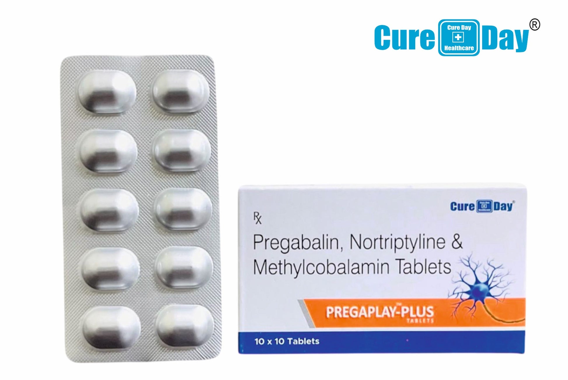Packaging of Pregabalin, Nortriptyline & Methylcobalamin Tablets with 'Cure Day' branding on a white background.