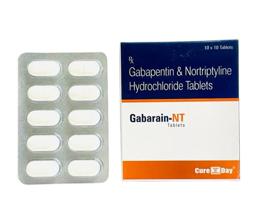 Pack of Gabarain-NT tablets with packaging and MRP and GST information on a white background.
