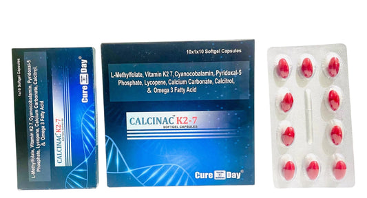 Cure Day Healthcare CALCINAC K2-7 softgel capsules blister pack and box with ingredients listed