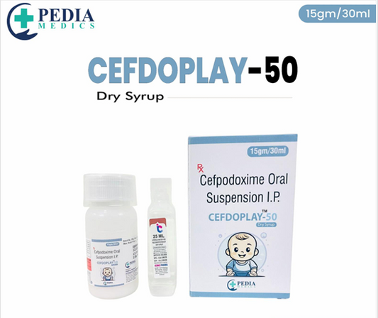 Cefdoplay-50 dry syrup packaging with bottles on a white background