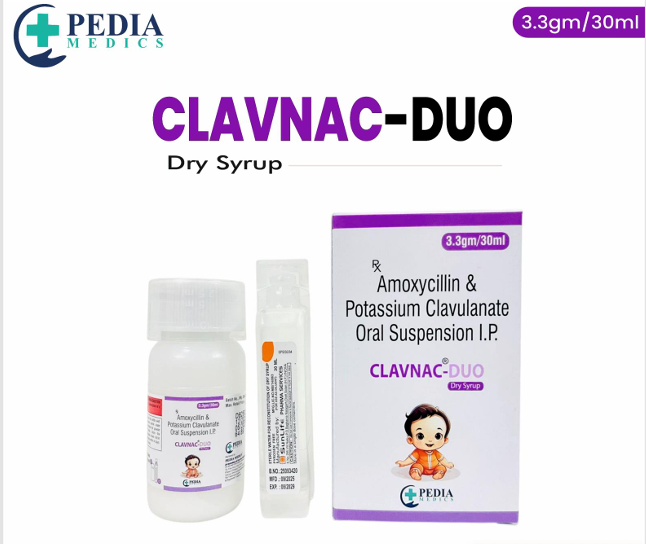 CLAVNAC-DUO dry syrup packaging with bottle and box on a white background