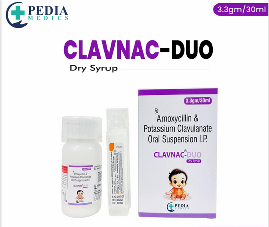 CLAVNAC-DUO dry syrup packaging with bottle and box on a white background