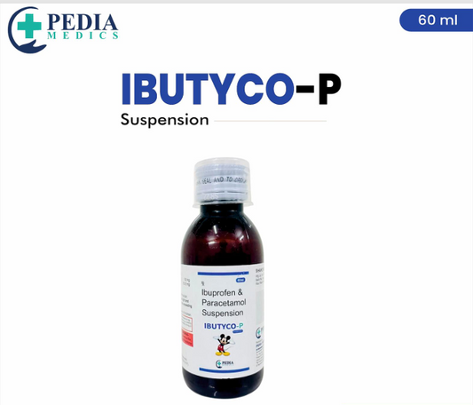 Bottle of IBUTYCO-P Suspension with Pedia Medicis branding on a white background