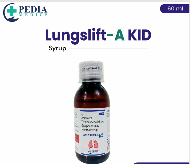 Lungs lift A Kid syrup bottle with Pedia Medicis branding on a white background